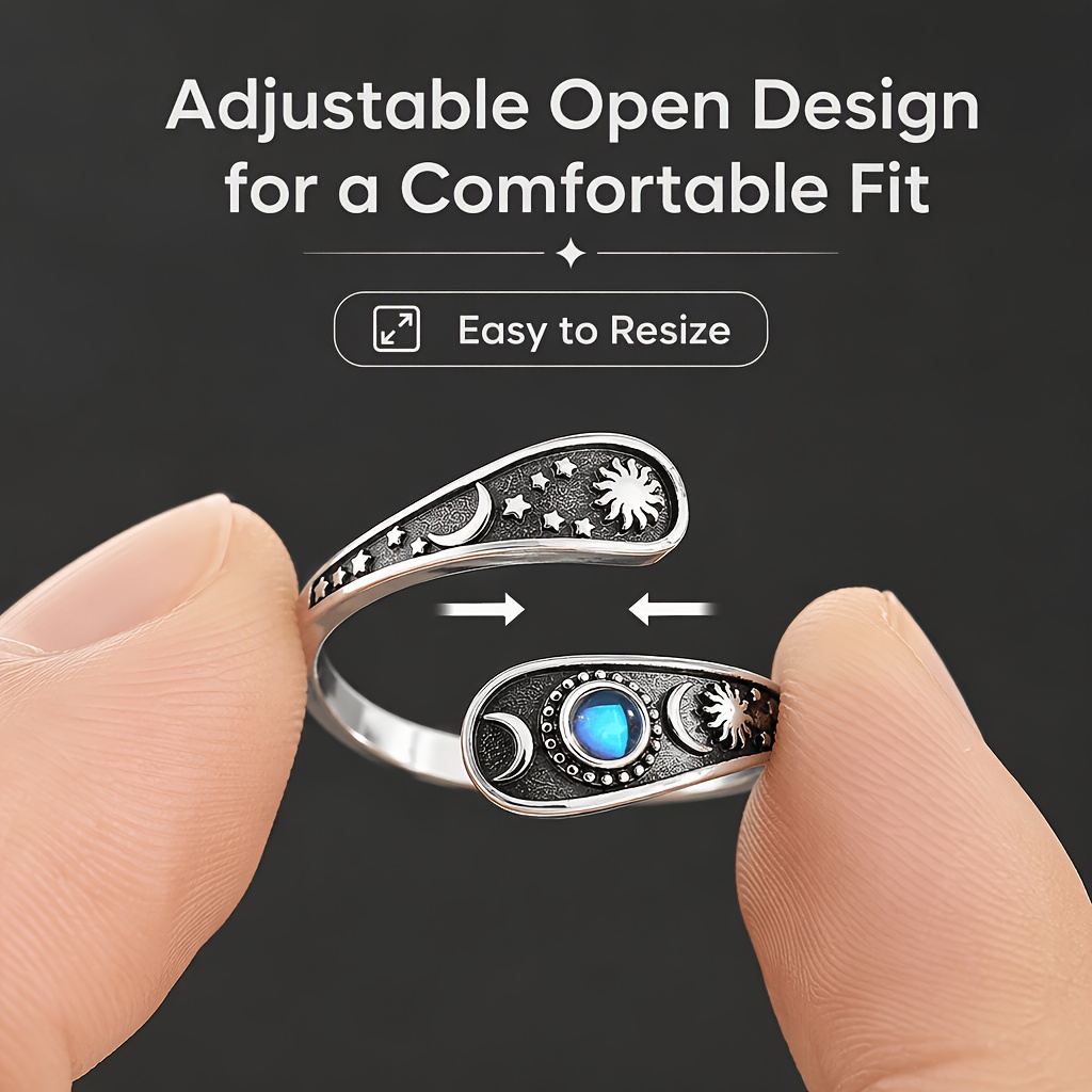 925 Sterling Silver Sun Moon Star Ring for Women